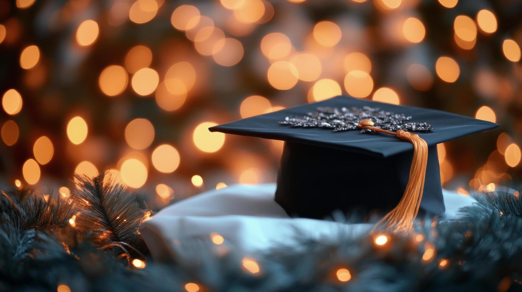 Graduation cap on soft blanket with festive lights in the background creating a celebratory atmosphere photo