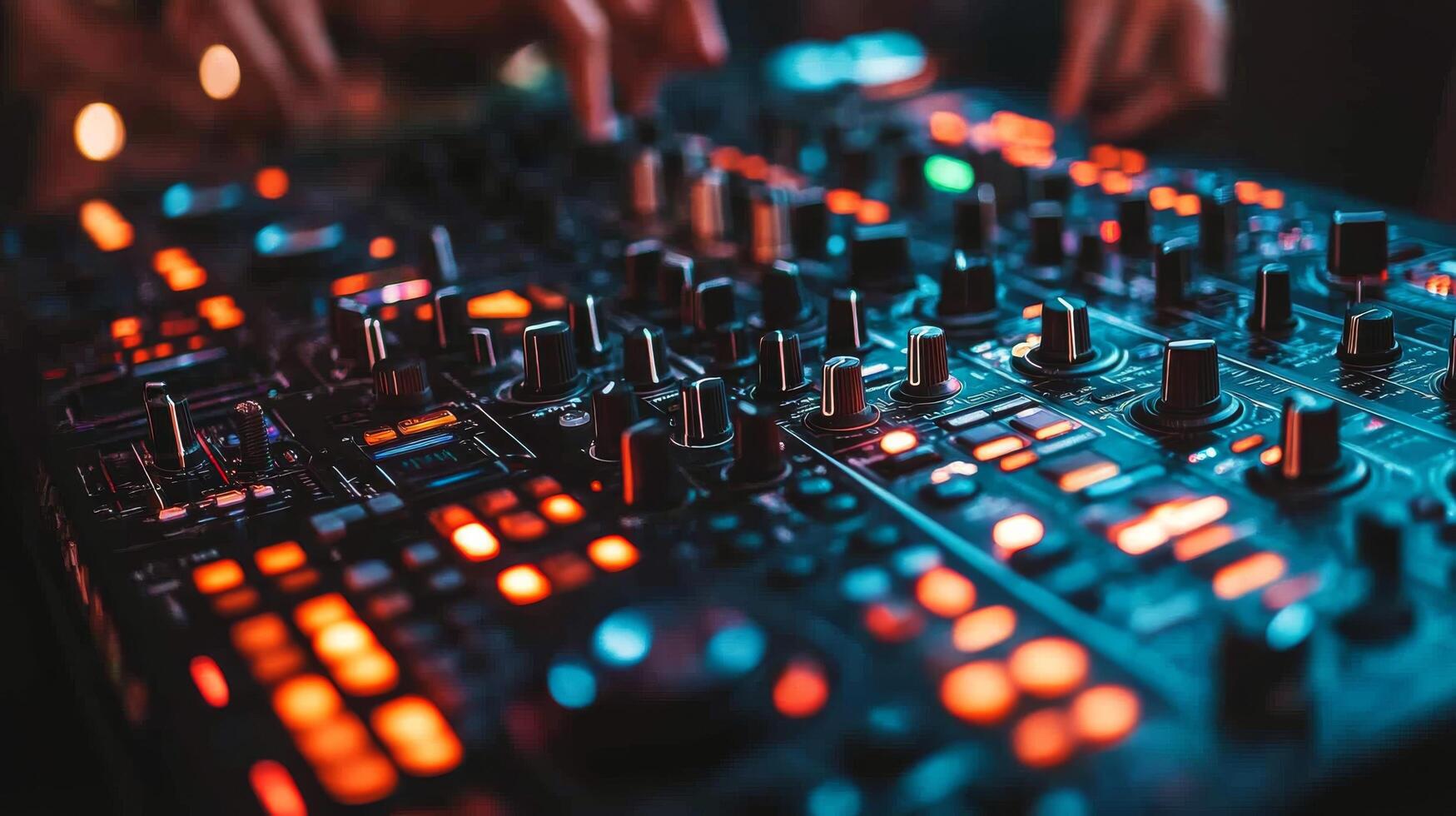 Vibrant sunset pool party with DJ equipment and lively atmosphere in tropical location photo