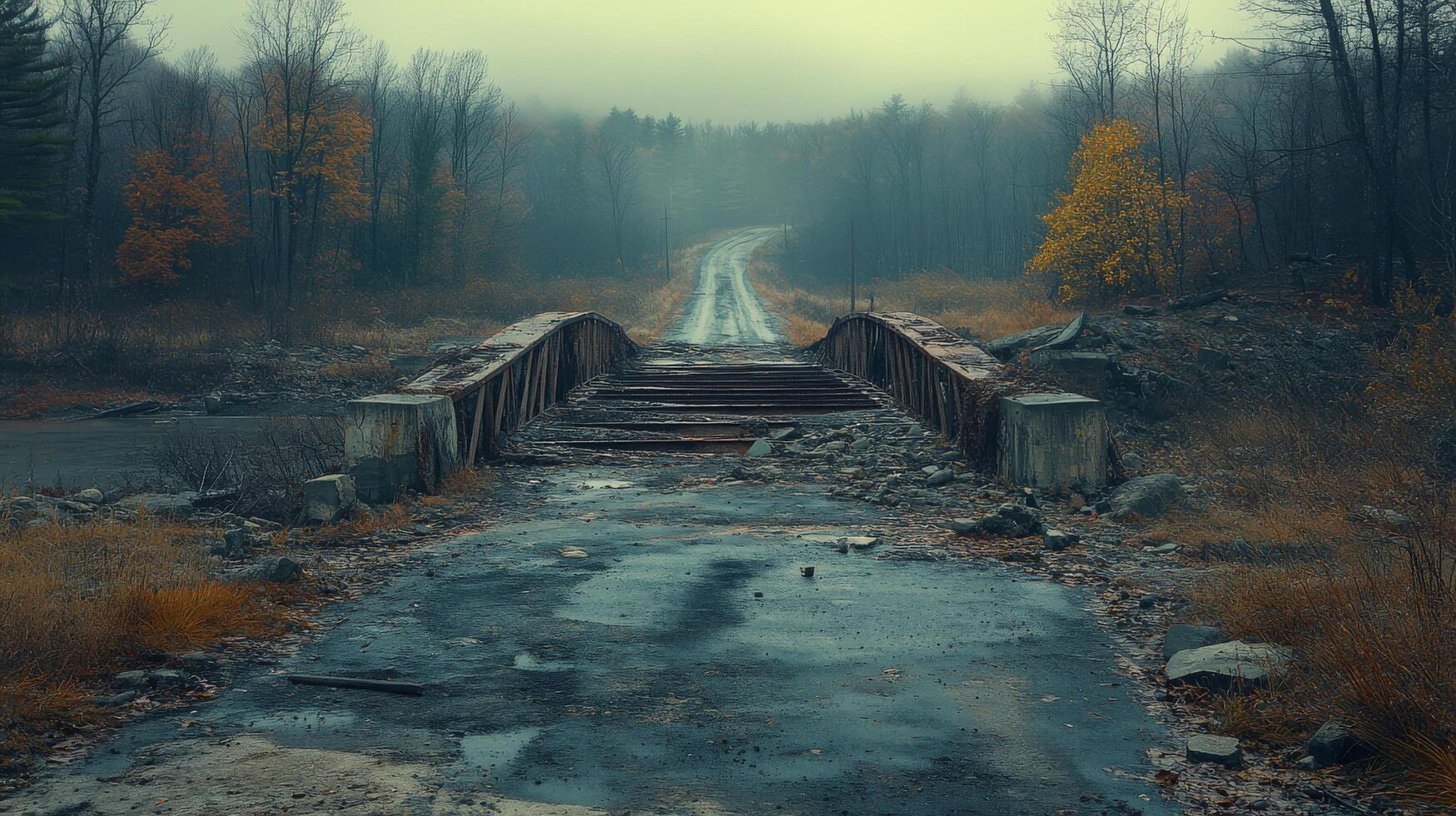Abandoned road with collapsed bridge surrounded by autumn foliage on a rainy day photo