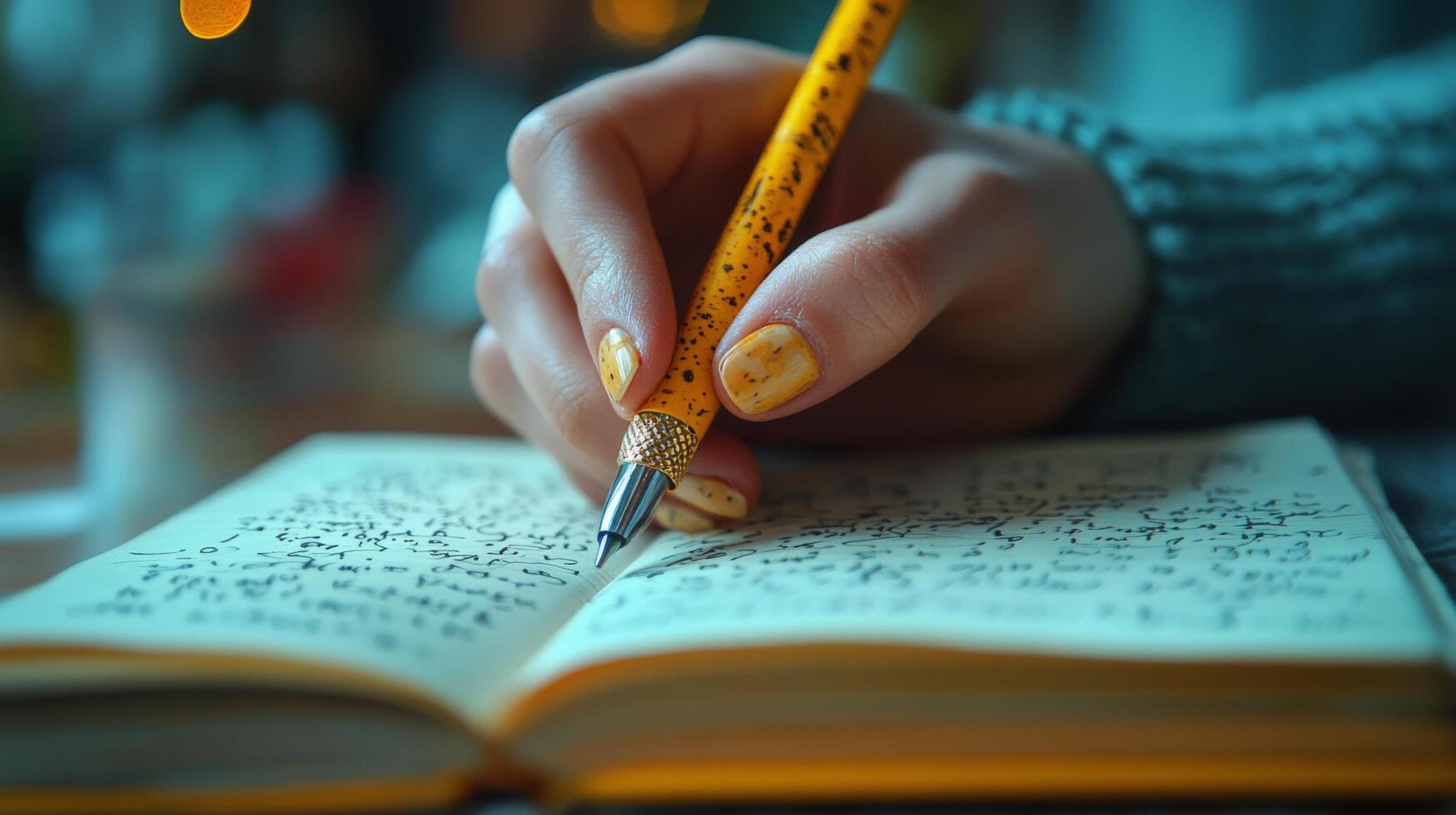 Handwriting in a notebook with a yellow pencil in a cozy indoor setting during the evening photo
