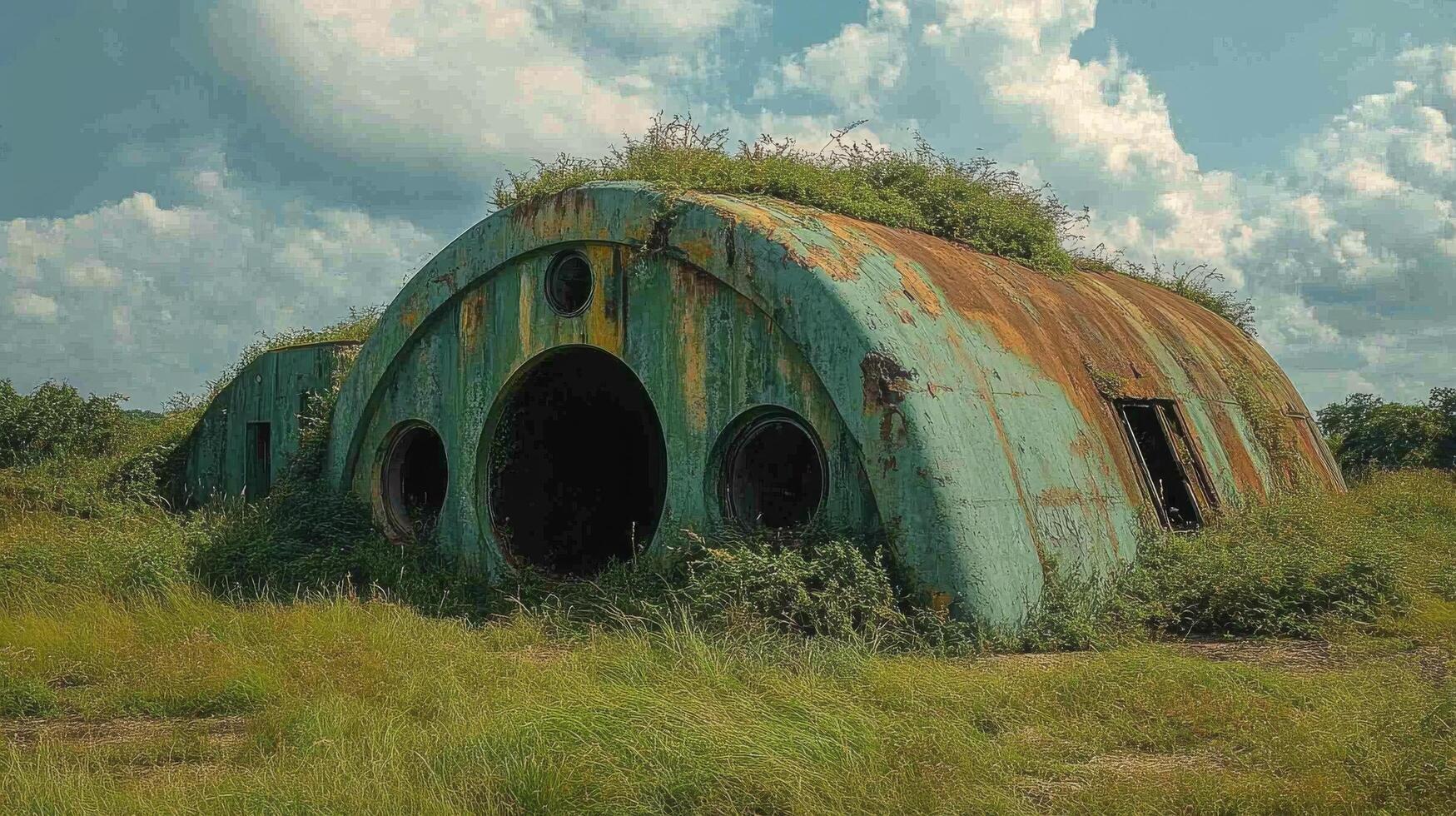 Abandoned dome house covered in vines in a lush green landscape under a cloudy sky photo