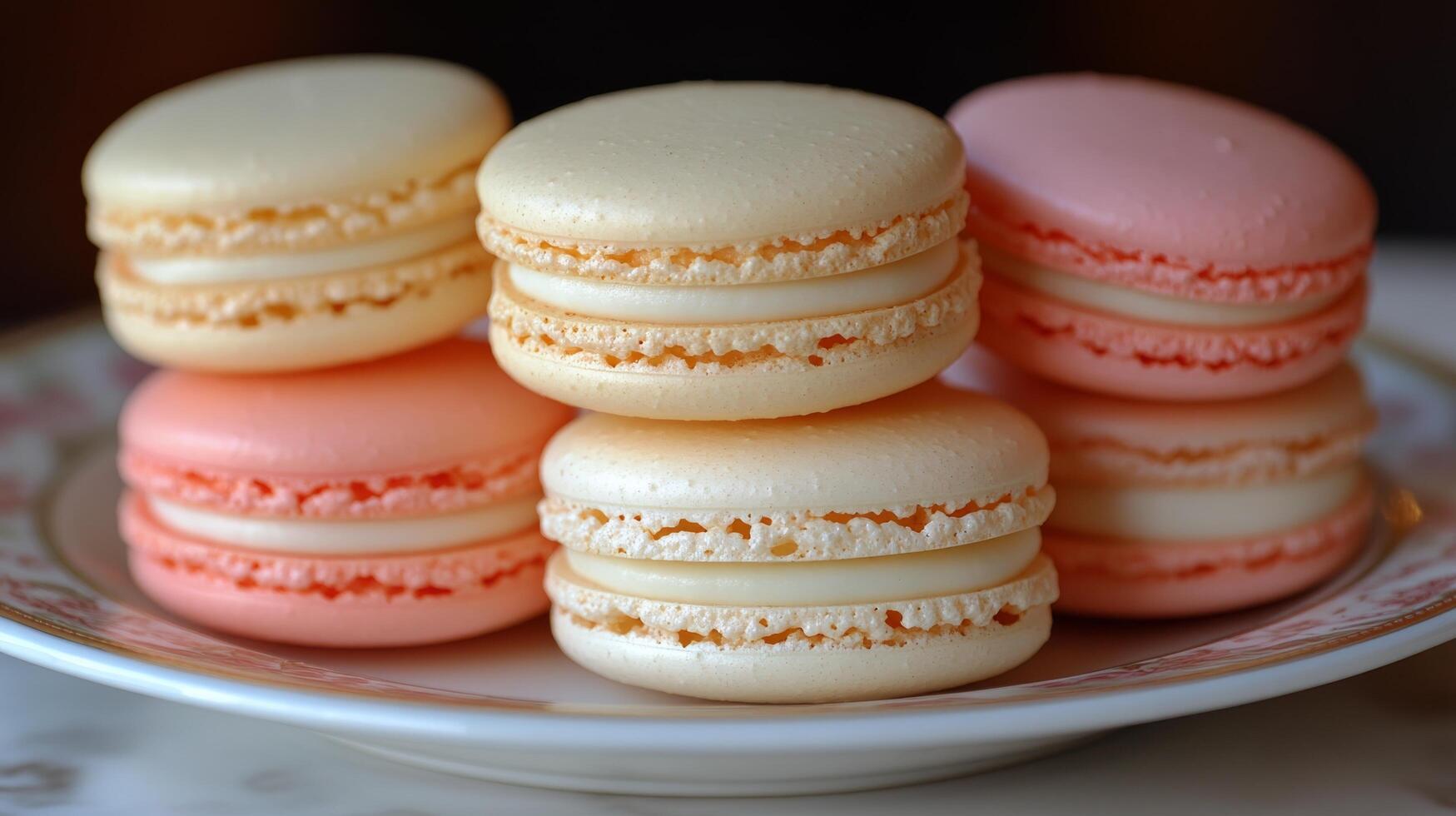 Colorful macarons arranged on a decorative plate with floral pattern for a dessert display photo