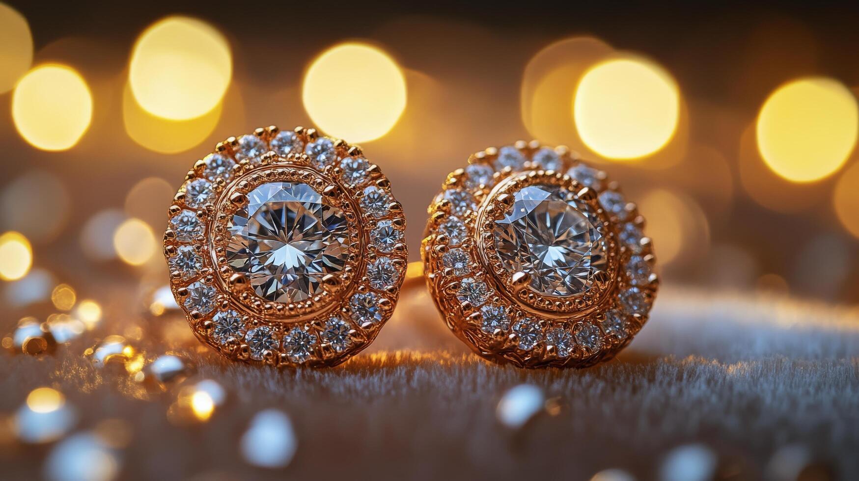 Elegant gold and diamond earrings displayed on a textured surface under soft golden light photo