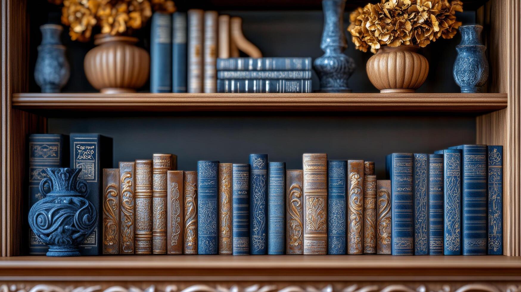 Elegant bookshelf filled with antique books and decorative vases in a cozy living room setting photo