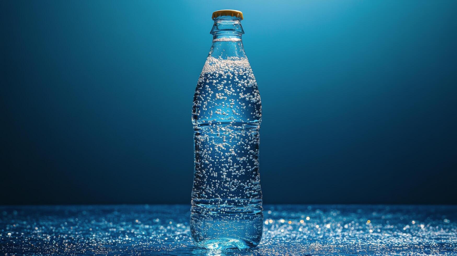 Sparkling water bottle with bubbles on a reflective surface in bright lighting photo
