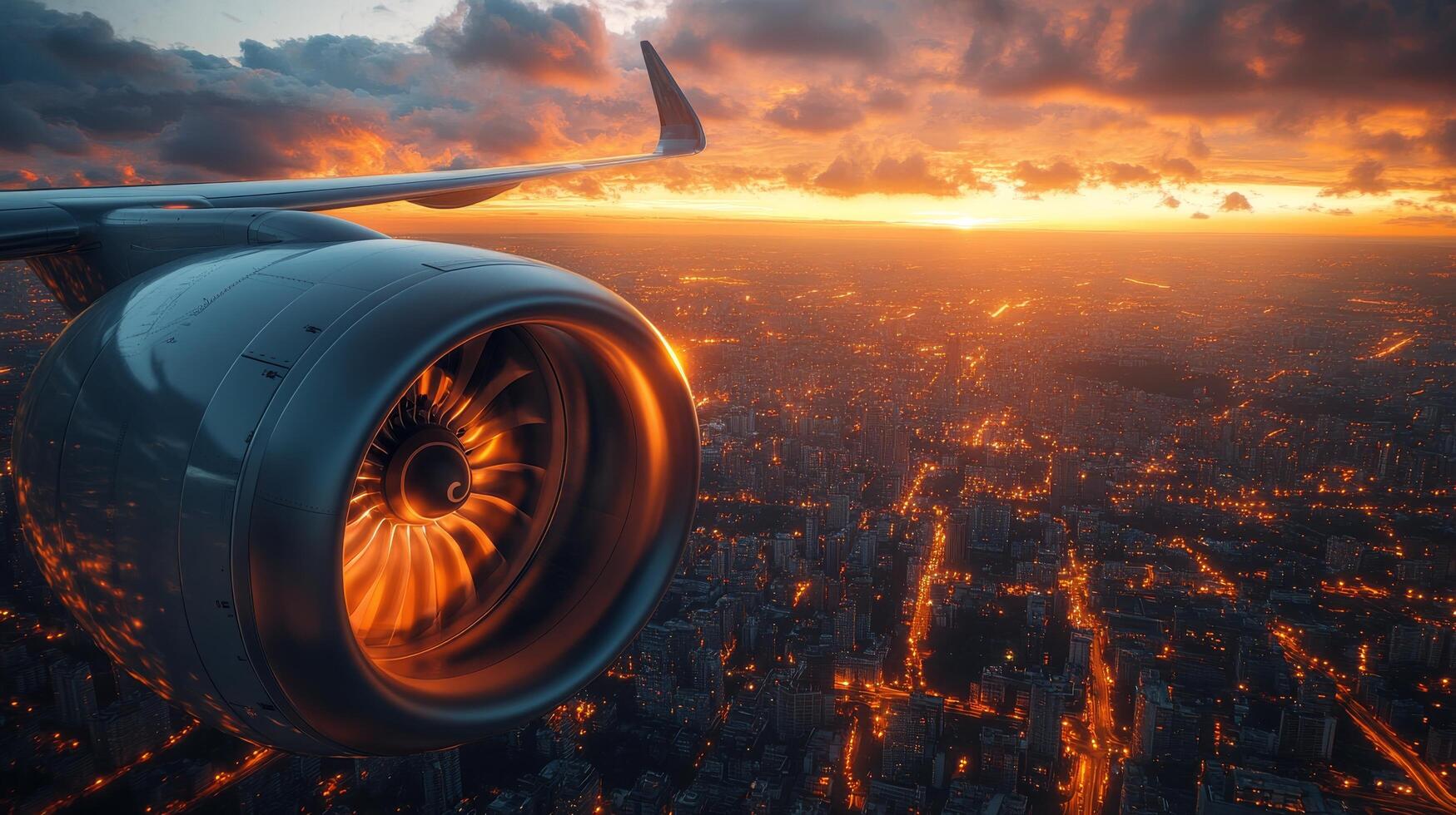 Jet engine being serviced inside a futuristic aircraft maintenance facility at night photo