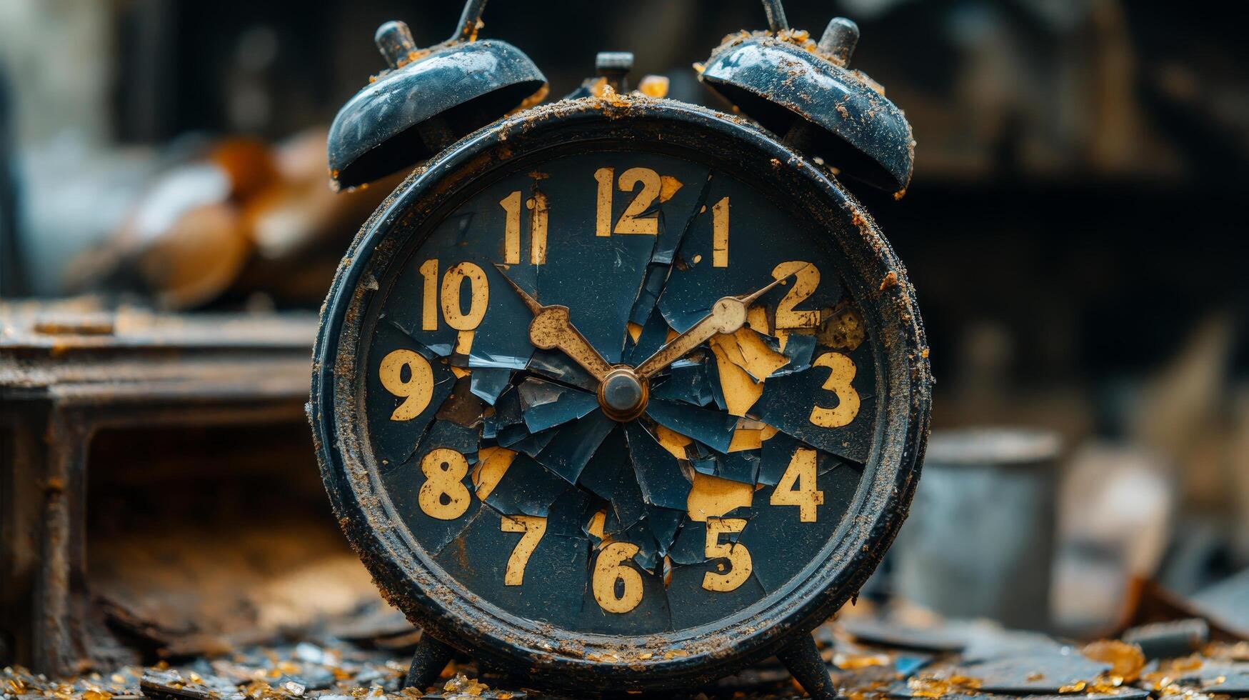 Forgotten alarm clock covered in dust and debris showing the passage of time in a derelict space photo