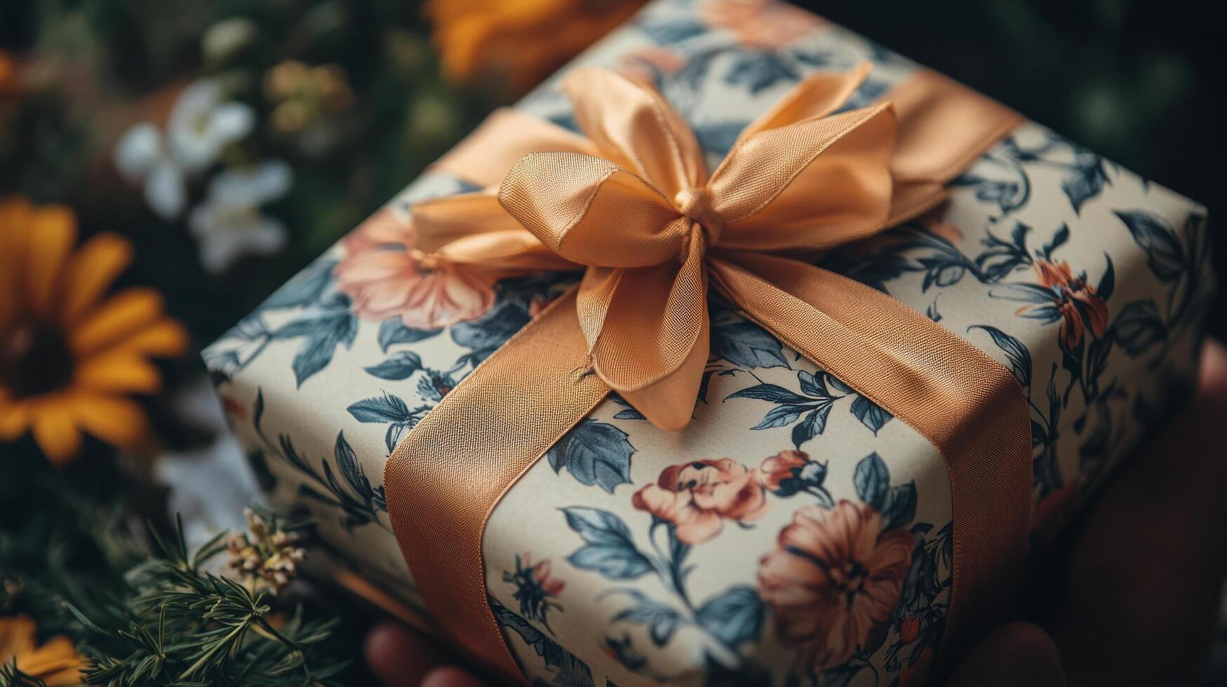 Thoughtfully wrapped gift held in hands among colorful flowers in a garden setting photo
