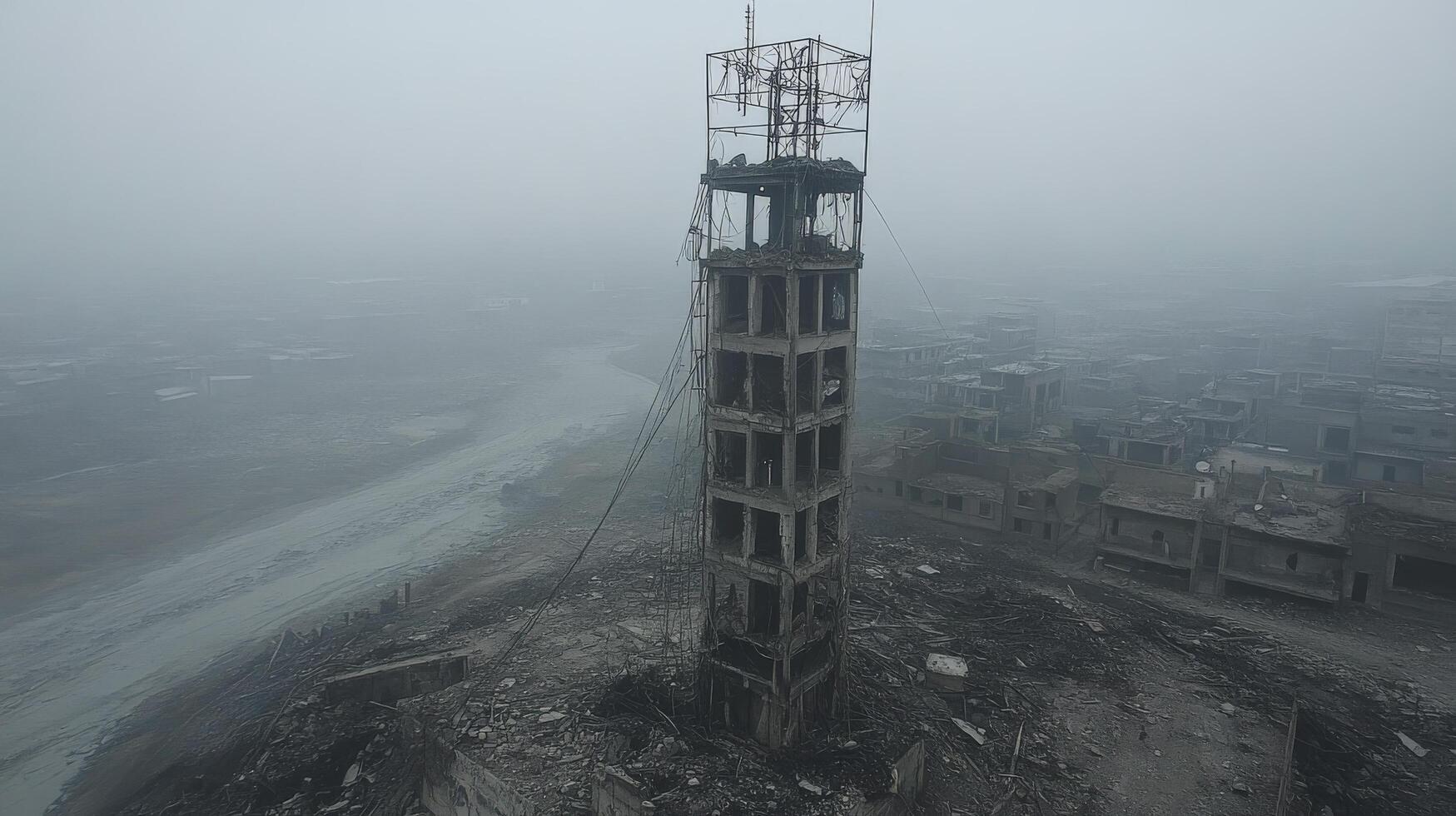 Foggy landscape with towers and overgrown vegetation in abandoned urban area photo