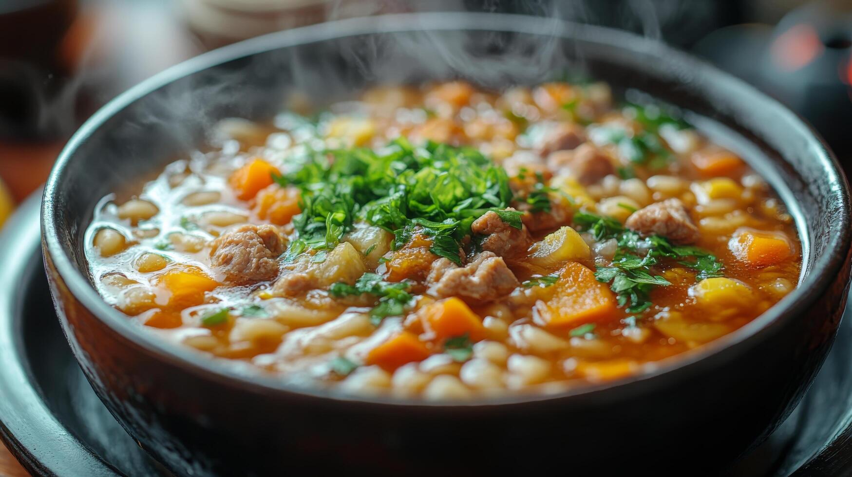 Delicious steaming vegetable soup with beans and herbs in a rustic bowl photo