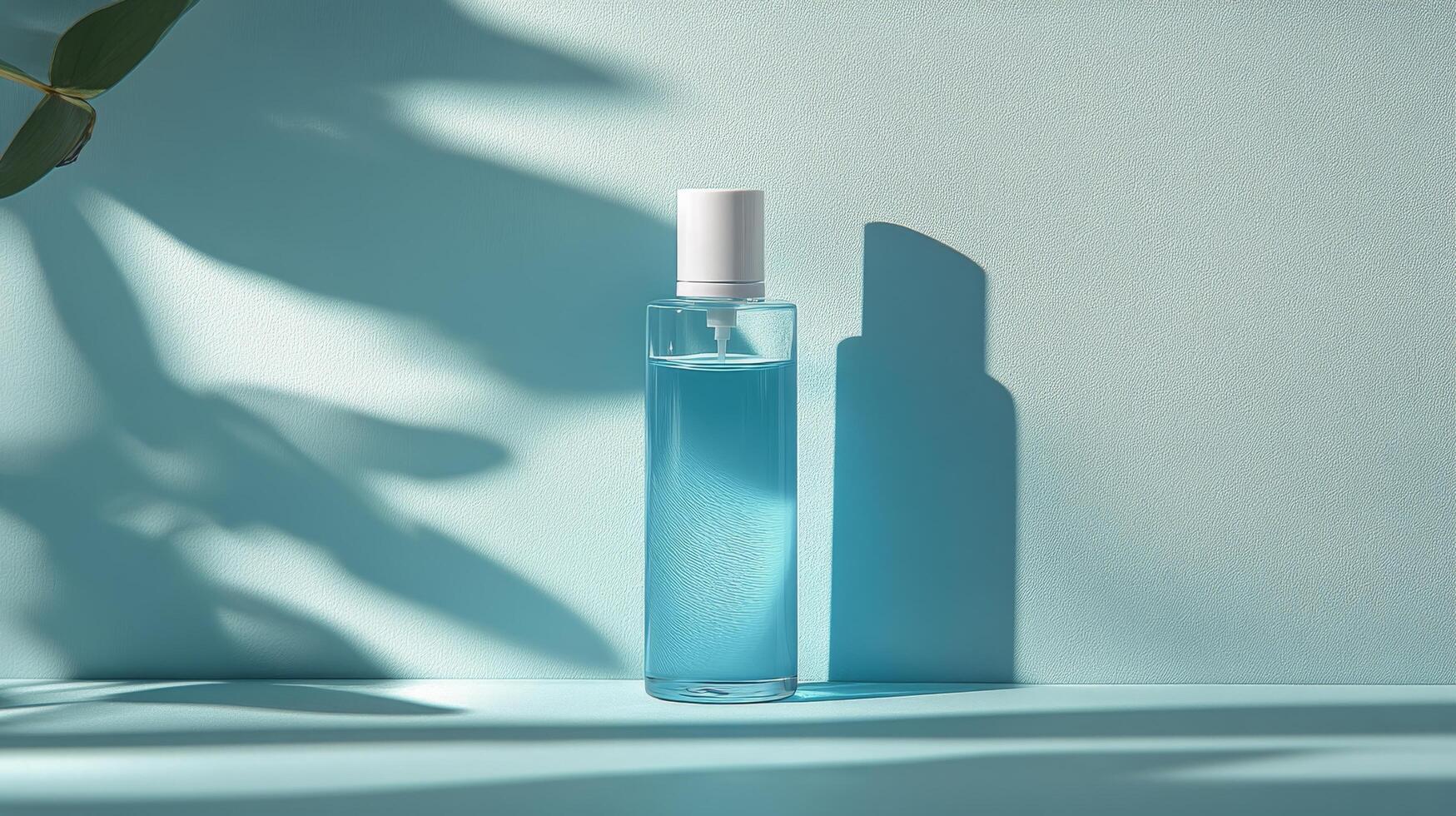 Clear liquid soap dispenser on a light blue background with bubbles and a pump top photo