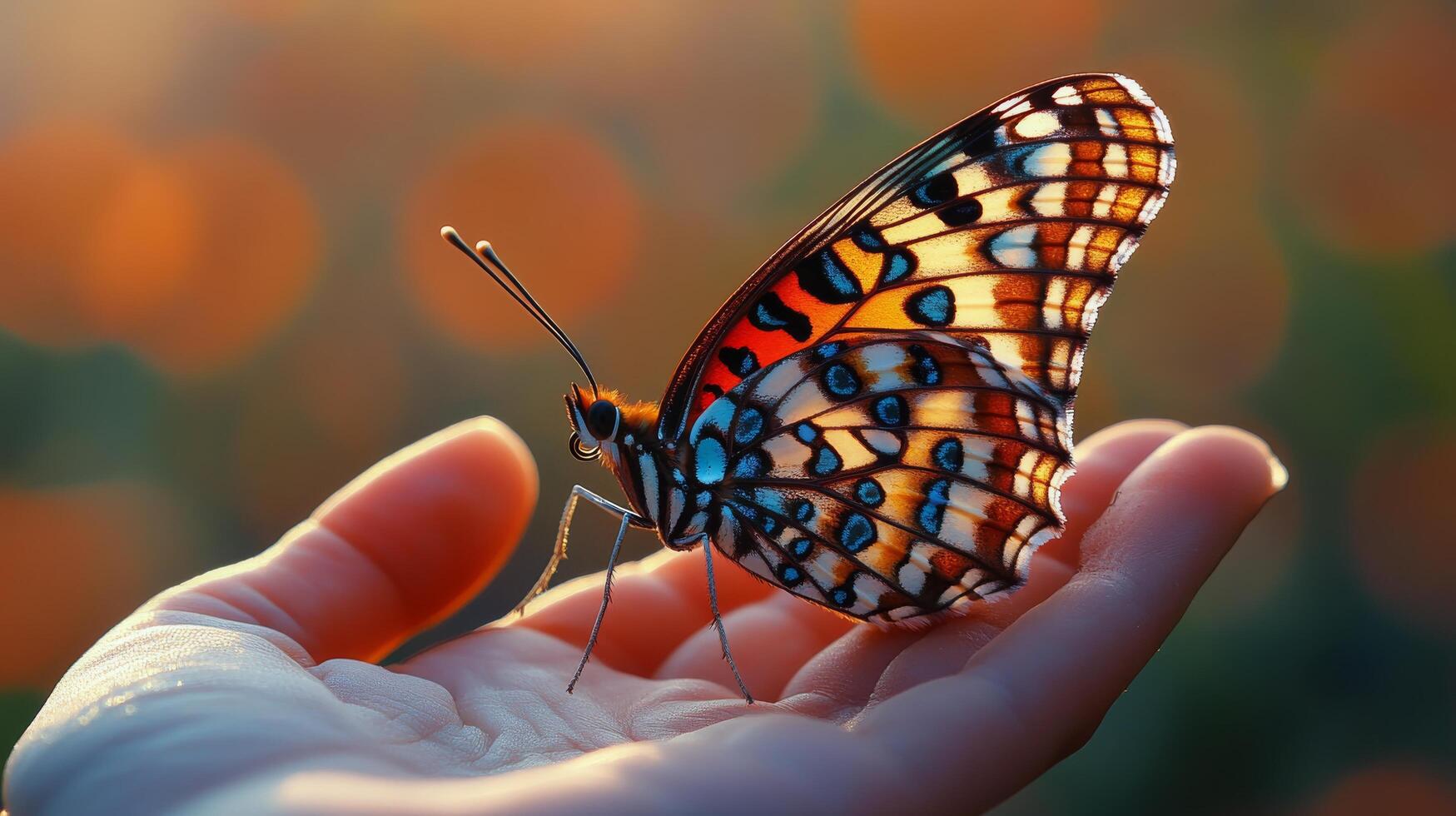 Butterfly perched delicately on an outstretched hand during a serene sunset moment photo