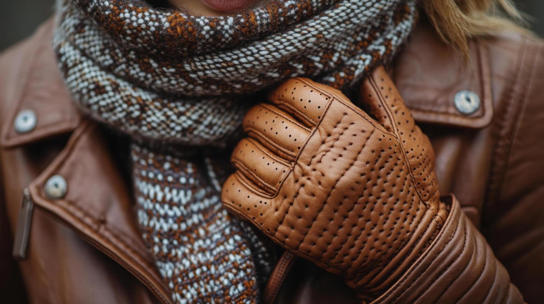 Warm brown leather gloves on person bundled in cozy scarf and jacket during chilly weather photo