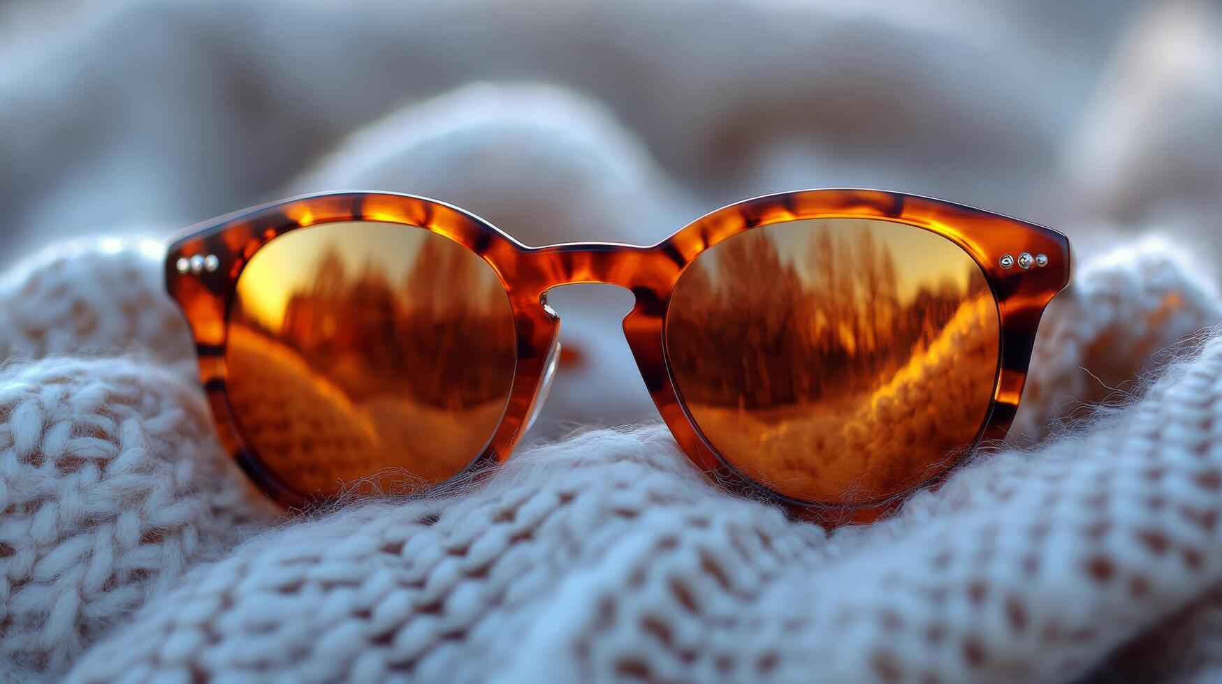Brown tortoiseshell sunglasses resting on a cozy knitted sweater in a winter setting at sunset photo