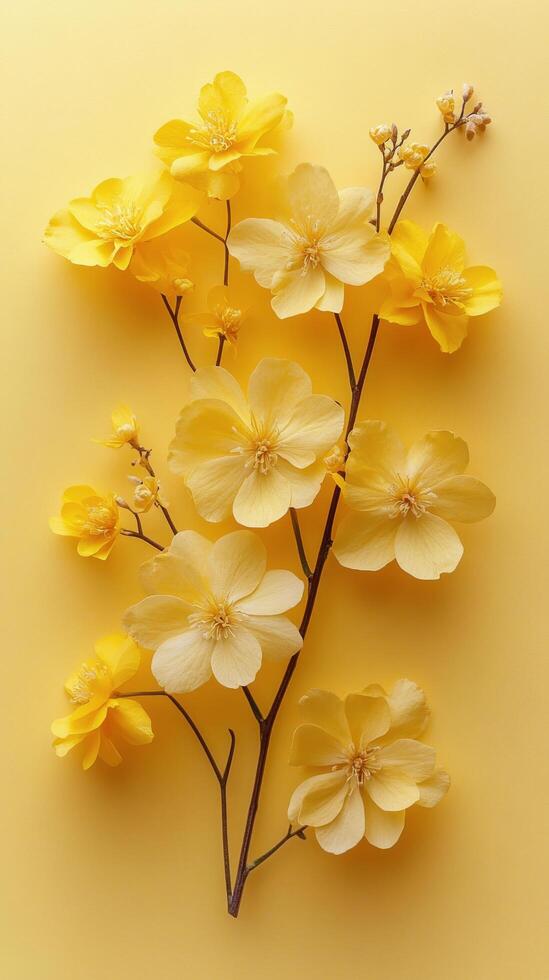 Vibrant yellow flowers arranged beautifully against a bright yellow background photo