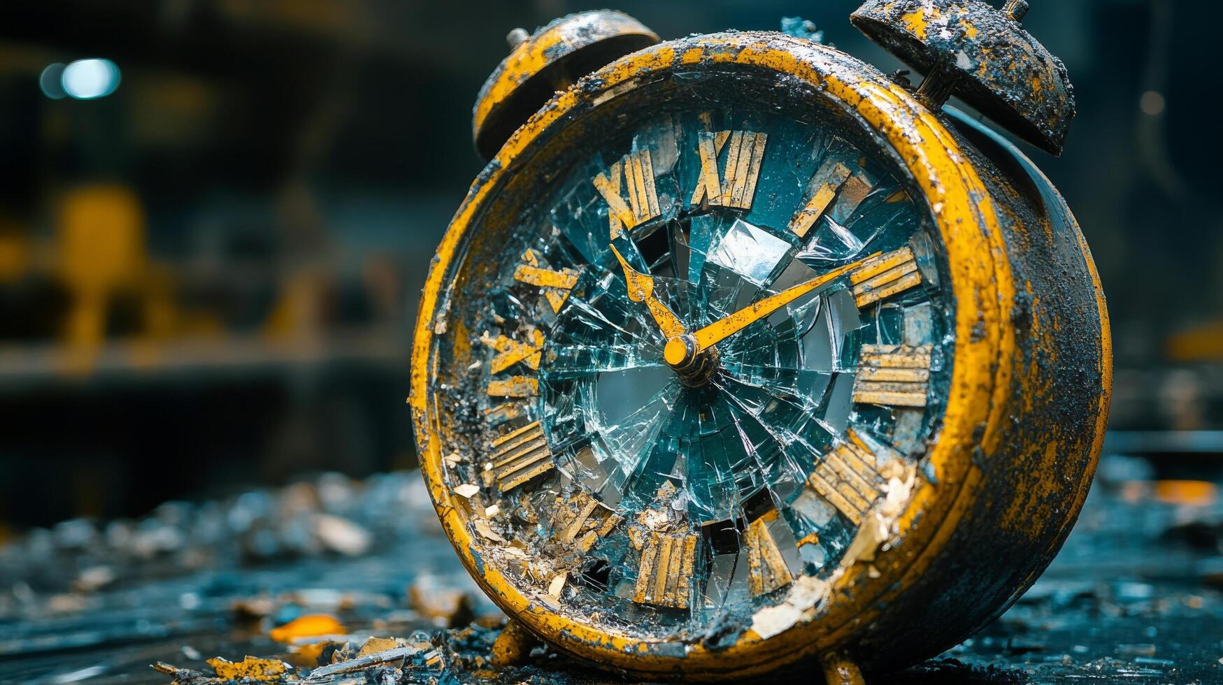 Forgotten alarm clock covered in dust and debris showing the passage of time in a derelict space photo