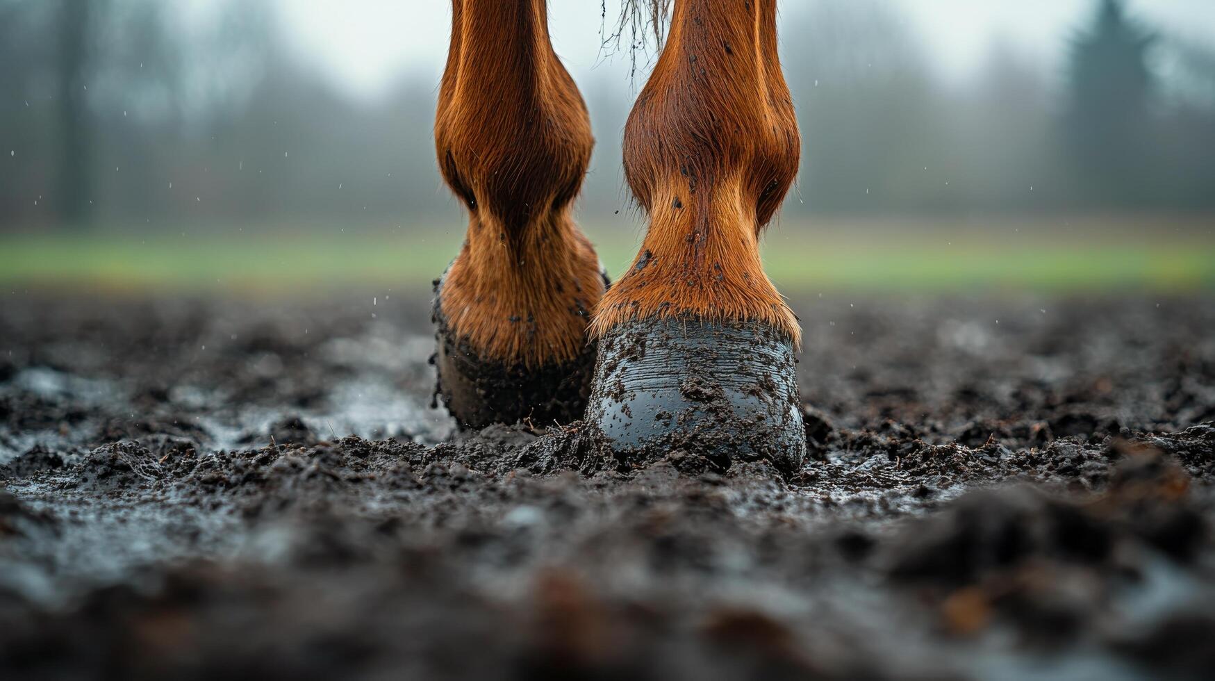 Close-up of horse hooves in muddy terrain during early morning light photo