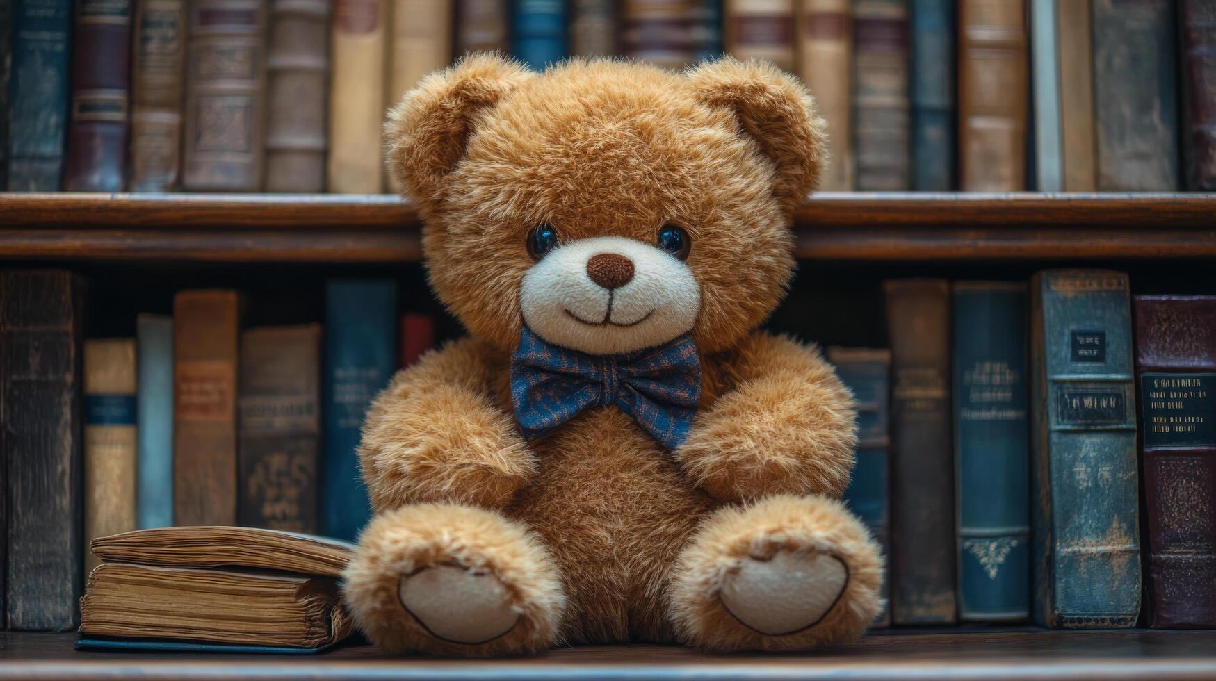 Teddy bear with a bow tie sitting in front of a bookshelf filled with old books photo