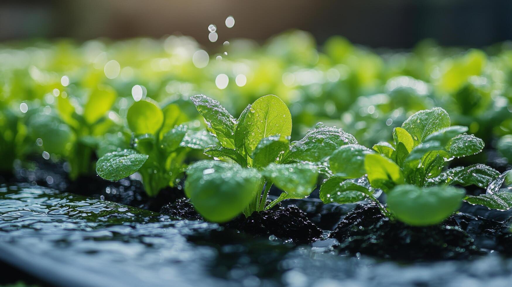 Fresh lettuce seedlings thrive in a greenhouse setting with droplets of water sparkling under bright light photo