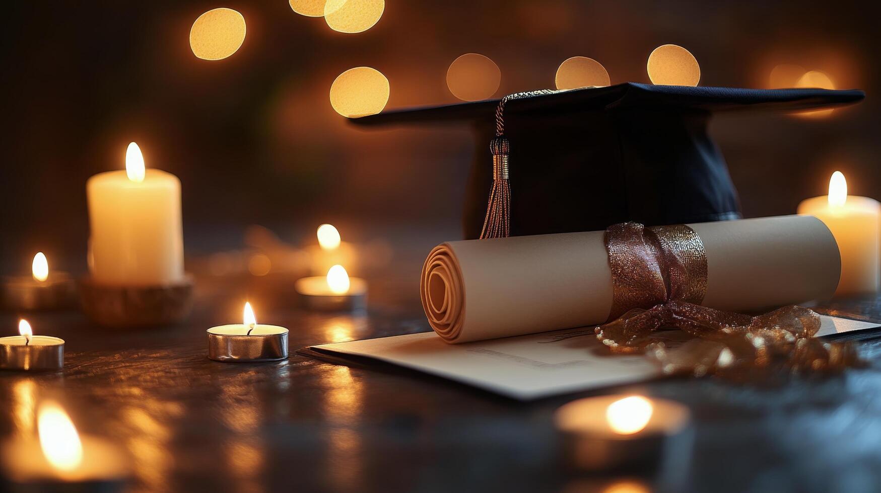 Graduation celebration with a cap and diploma surrounded by candles and warm lights at night photo