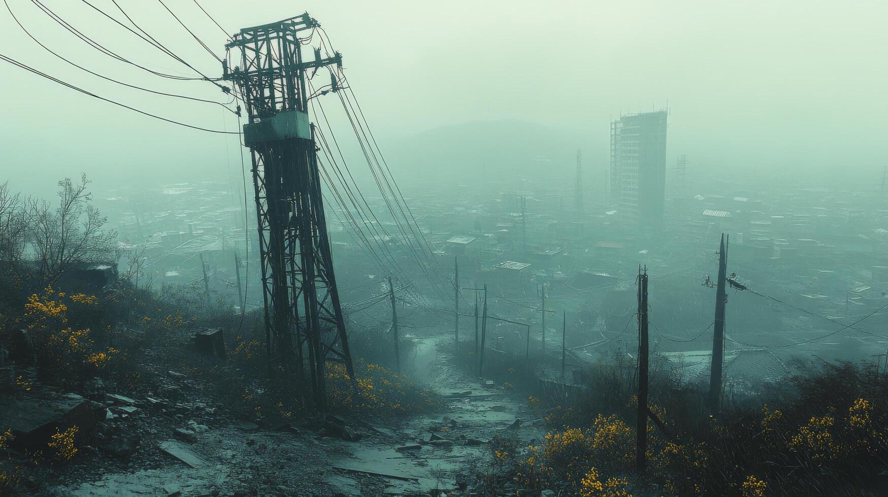 Foggy landscape with towers and overgrown vegetation in abandoned urban area photo