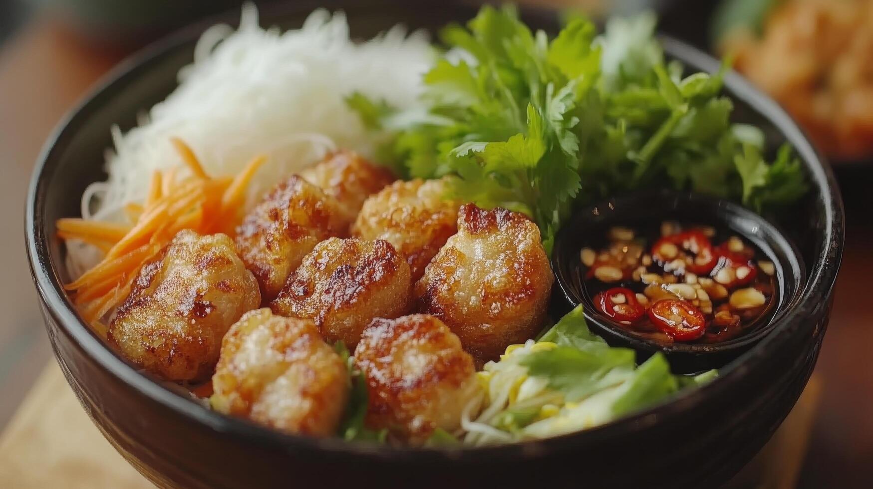 Delicious golden fried snacks served with a tangy dipping sauce on a dark background photo