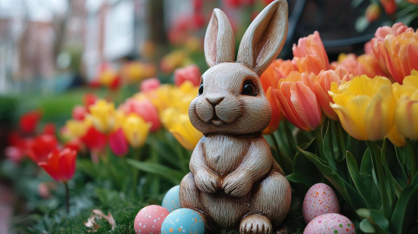 Colorful Easter decoration with blue bunny and vibrant tulips in a spring garden setting photo