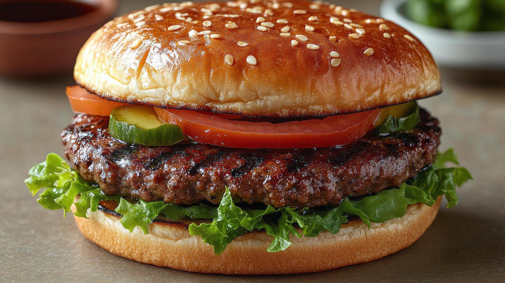 Delicious gourmet burger with fresh toppings served on a wooden board at a rustic restaurant photo
