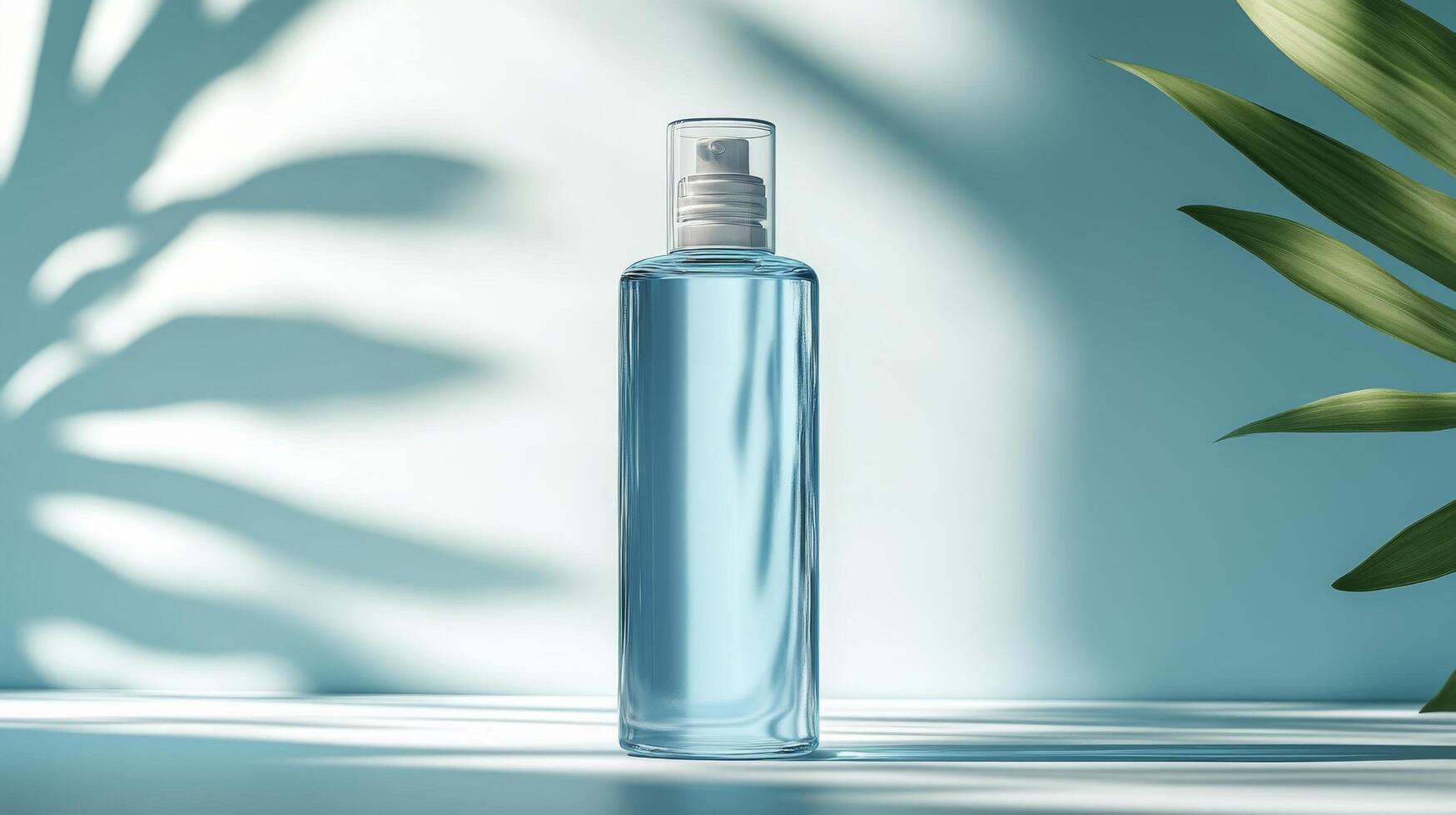 Minimalist white bottle on blue background with soft shadow in natural light photo