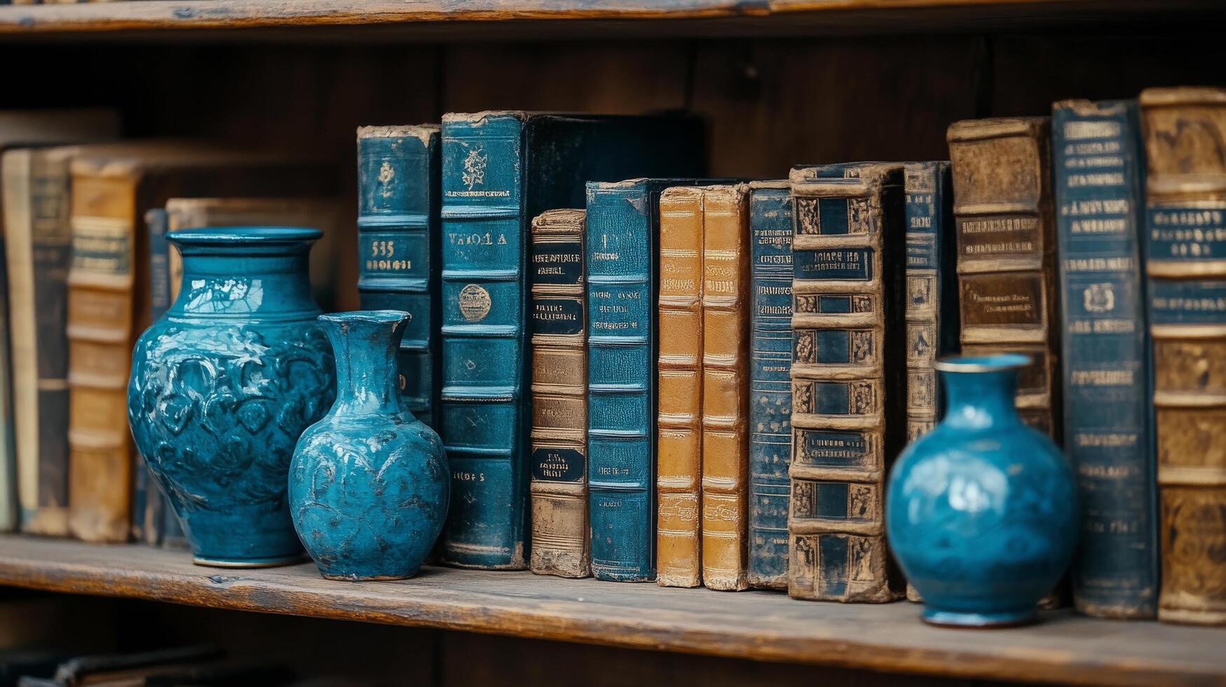 Elegant bookshelf filled with antique books and decorative vases in a cozy living room setting photo