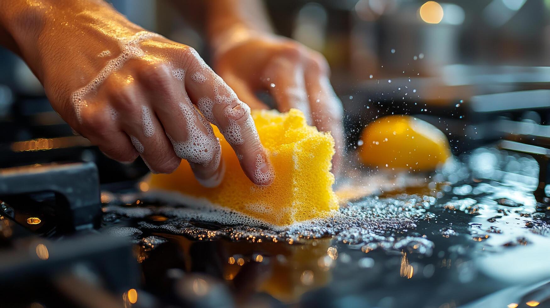 Hands scrubbing a kitchen countertop with a sponge and soap during cleaning chores in bright condition photo