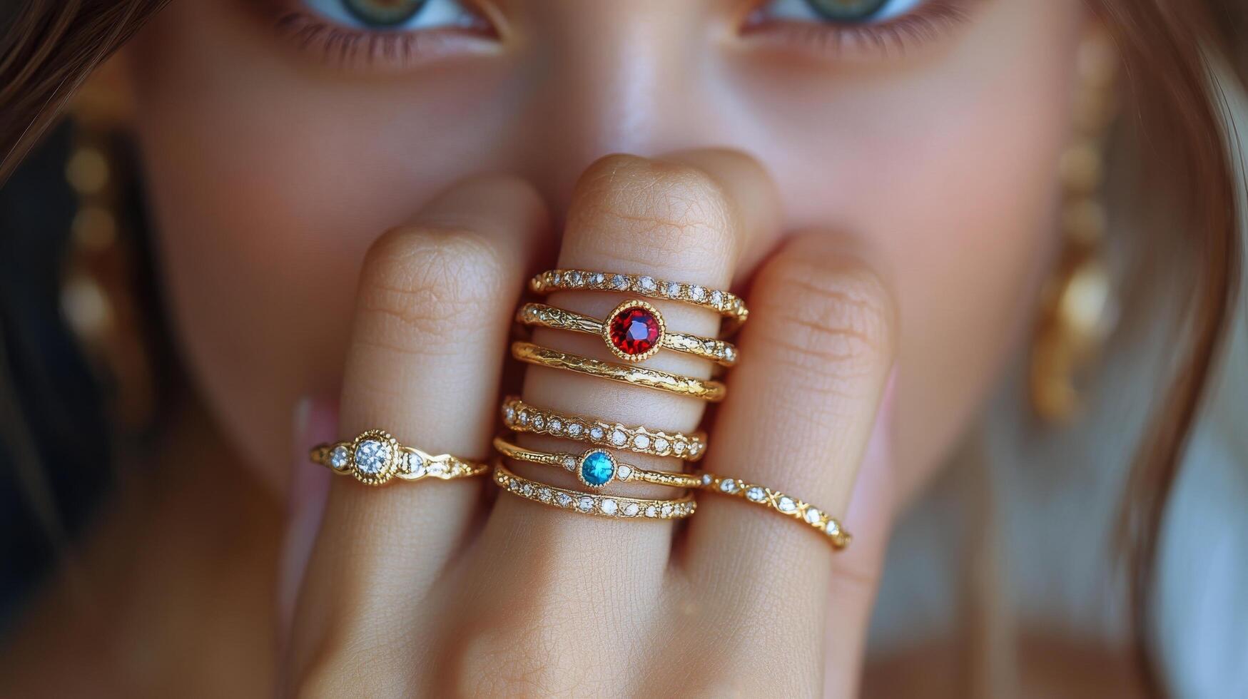 Elegant gold rings with emerald stones displayed on a hand against a cozy knitted sweater backdrop photo