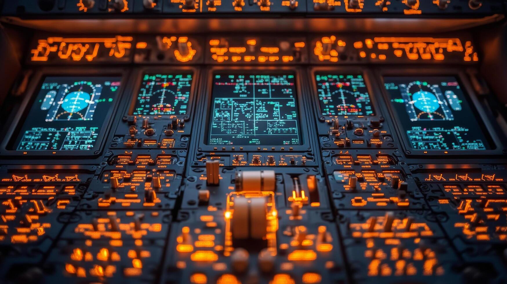 Control panel of an aircraft cockpit illuminated with orange and blue lights at night photo