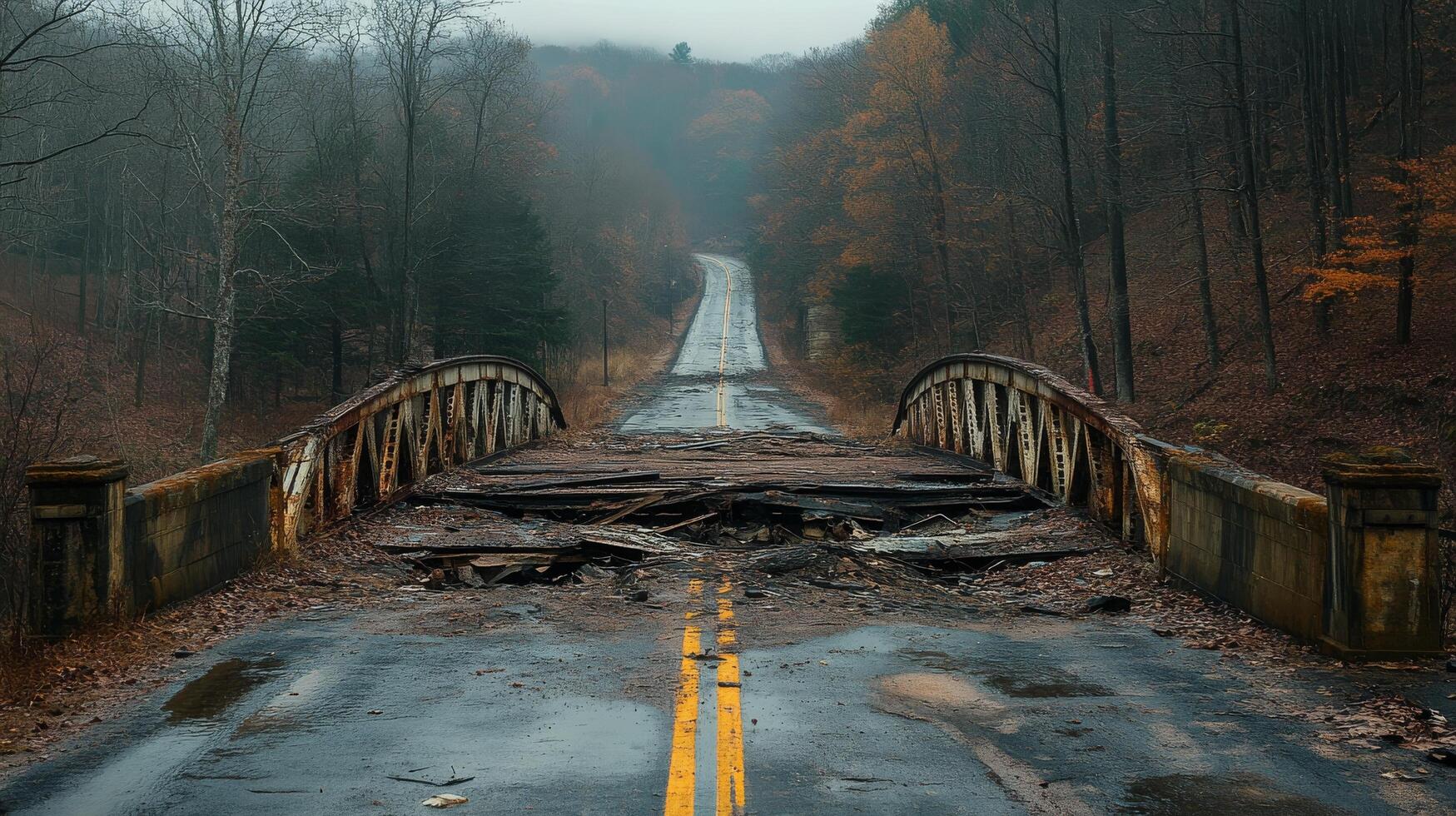 Abandoned road with collapsed bridge surrounded by autumn foliage on a rainy day photo