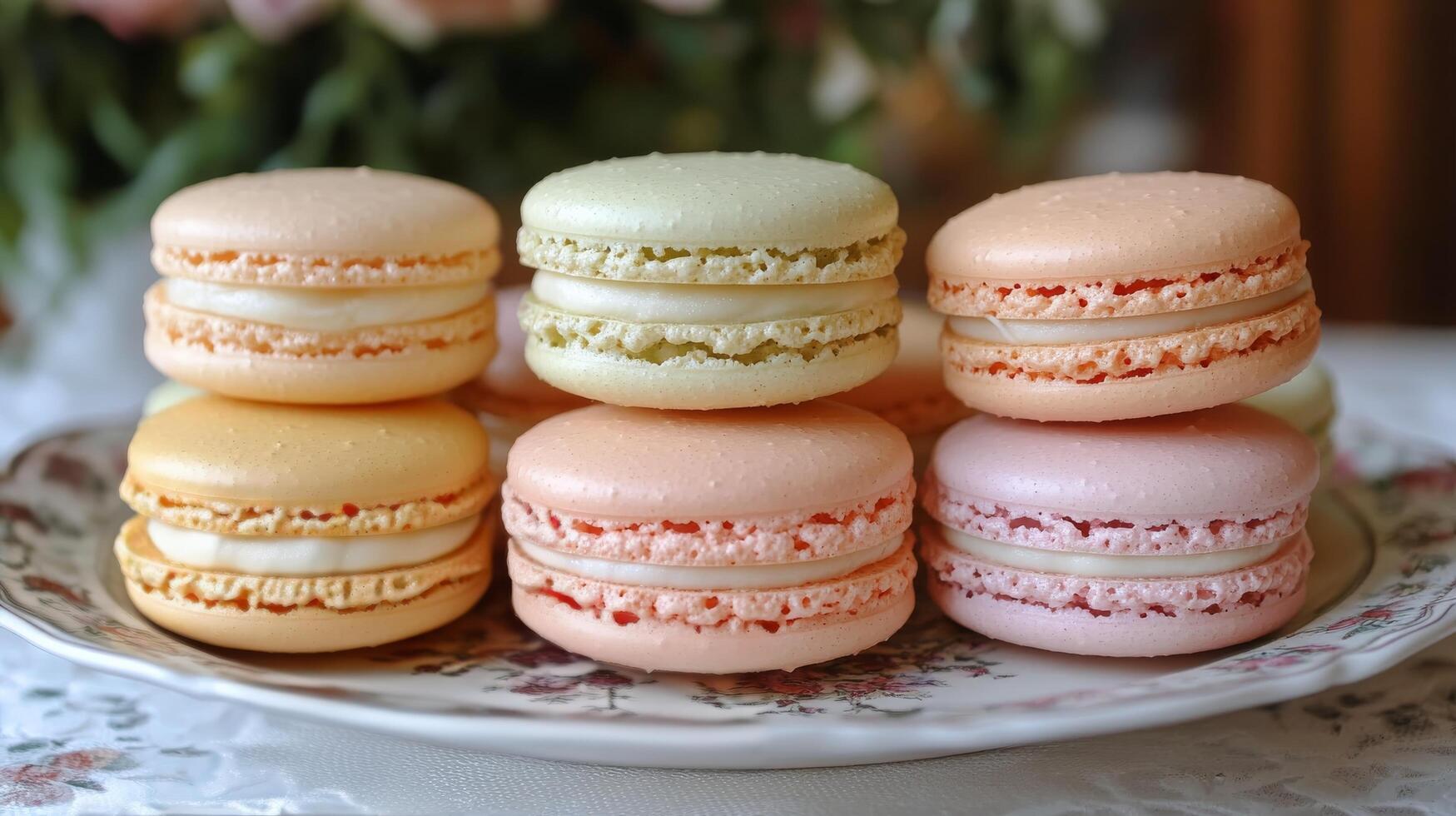 Colorful macarons arranged on a decorative plate with floral pattern for a dessert display photo