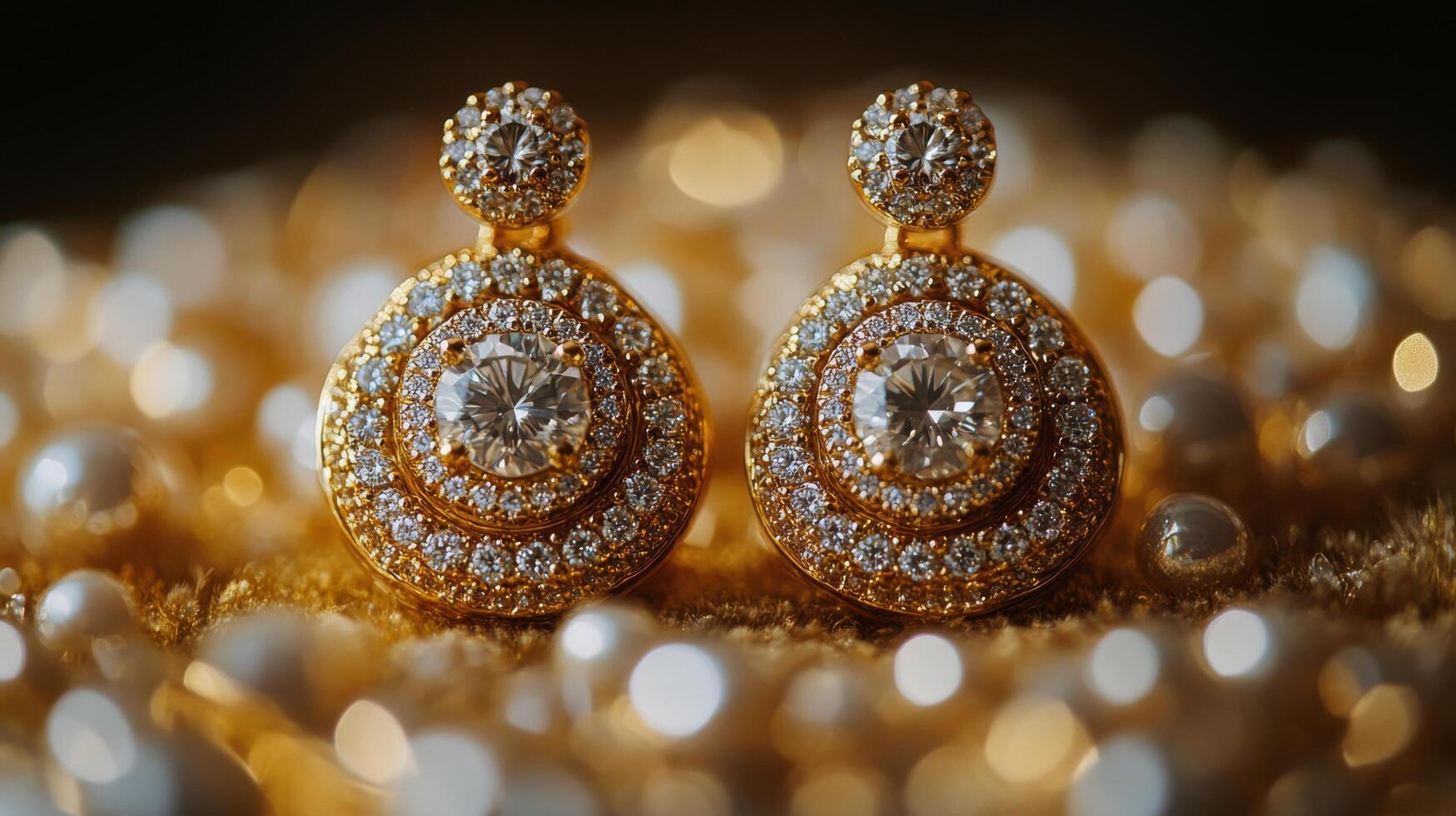 Elegant gold and diamond earrings displayed on a textured surface under soft golden light photo