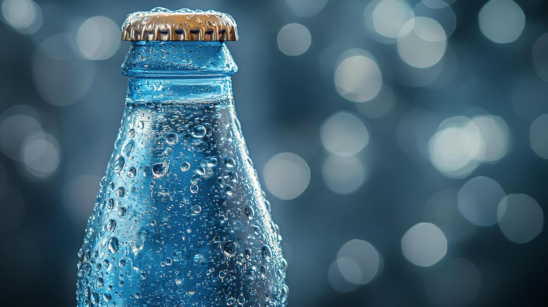 Sparkling water bottle with bubbles on a reflective surface in bright lighting photo
