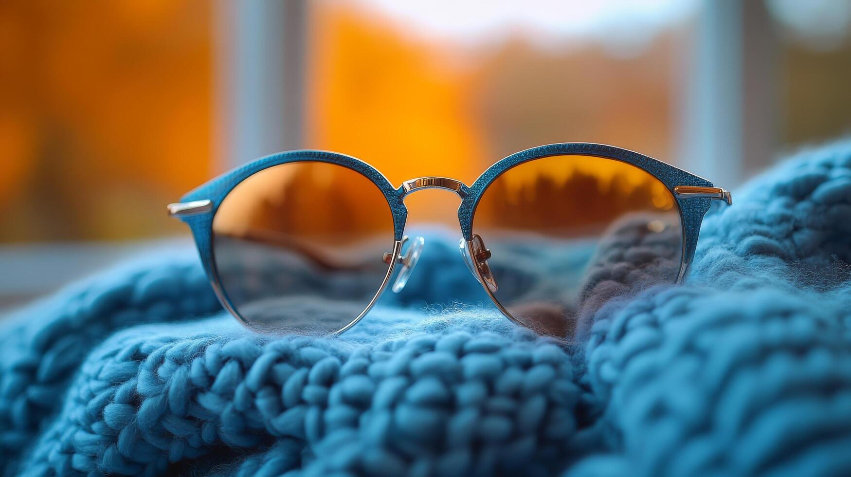 Brown tortoiseshell sunglasses resting on a cozy knitted sweater in a winter setting at sunset photo