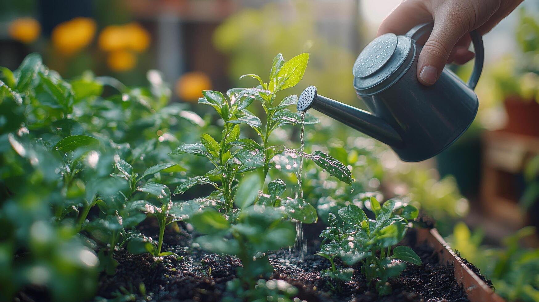 Hand watering fresh green plants in a lush garden during a sunny day in early spring photo