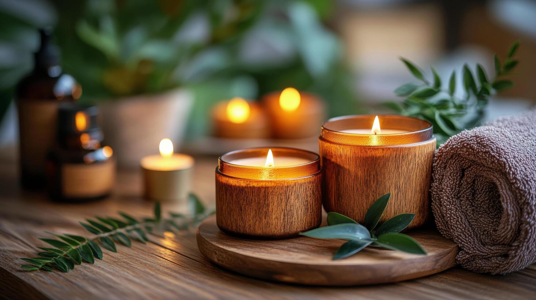 Relaxing spa setting with candles, essential oil, and towels on a wooden surface at evening time photo
