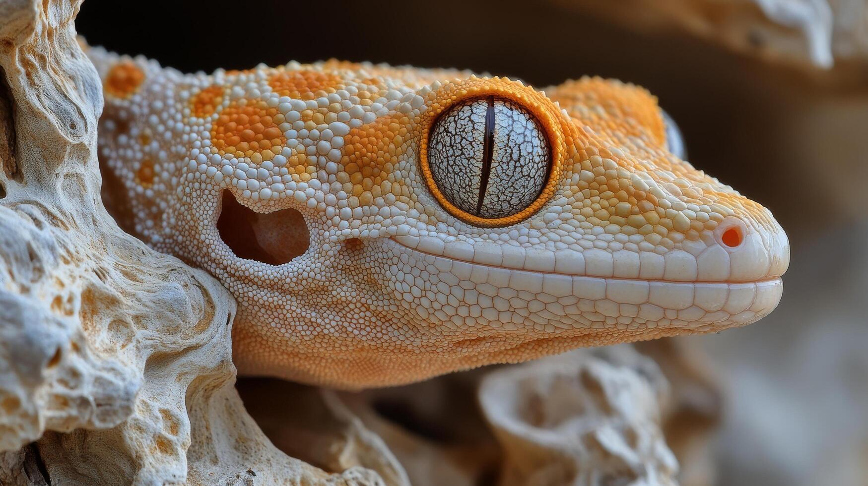 Close-up of a colorful gecko resting on textured rock during daylight hours photo