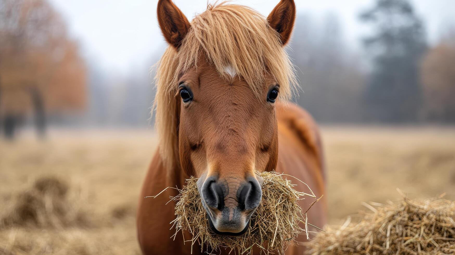 Close-up view of a horse peacefully eating hay in a barn during the evening photo