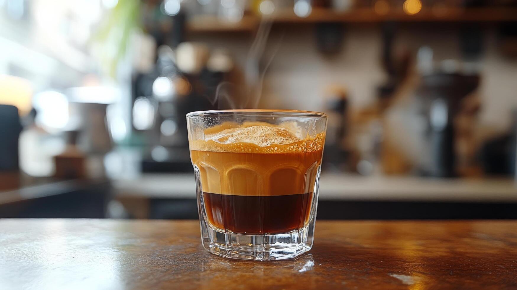 Freshly brewed coffee served in a white cup on a wooden table in a cozy cafe setting photo