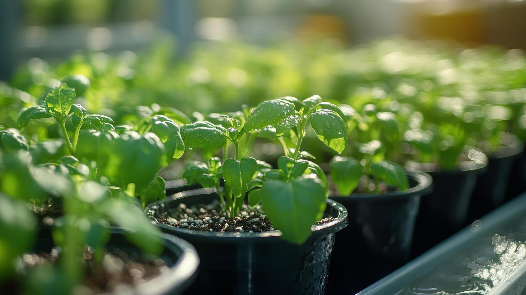 Fresh lettuce seedlings thrive in a greenhouse setting with droplets of water sparkling under bright light photo