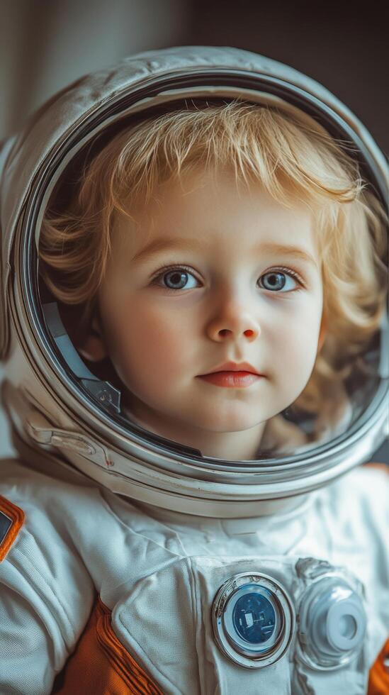 Child in astronaut suit poses with a curious expression and bright blue eyes photo