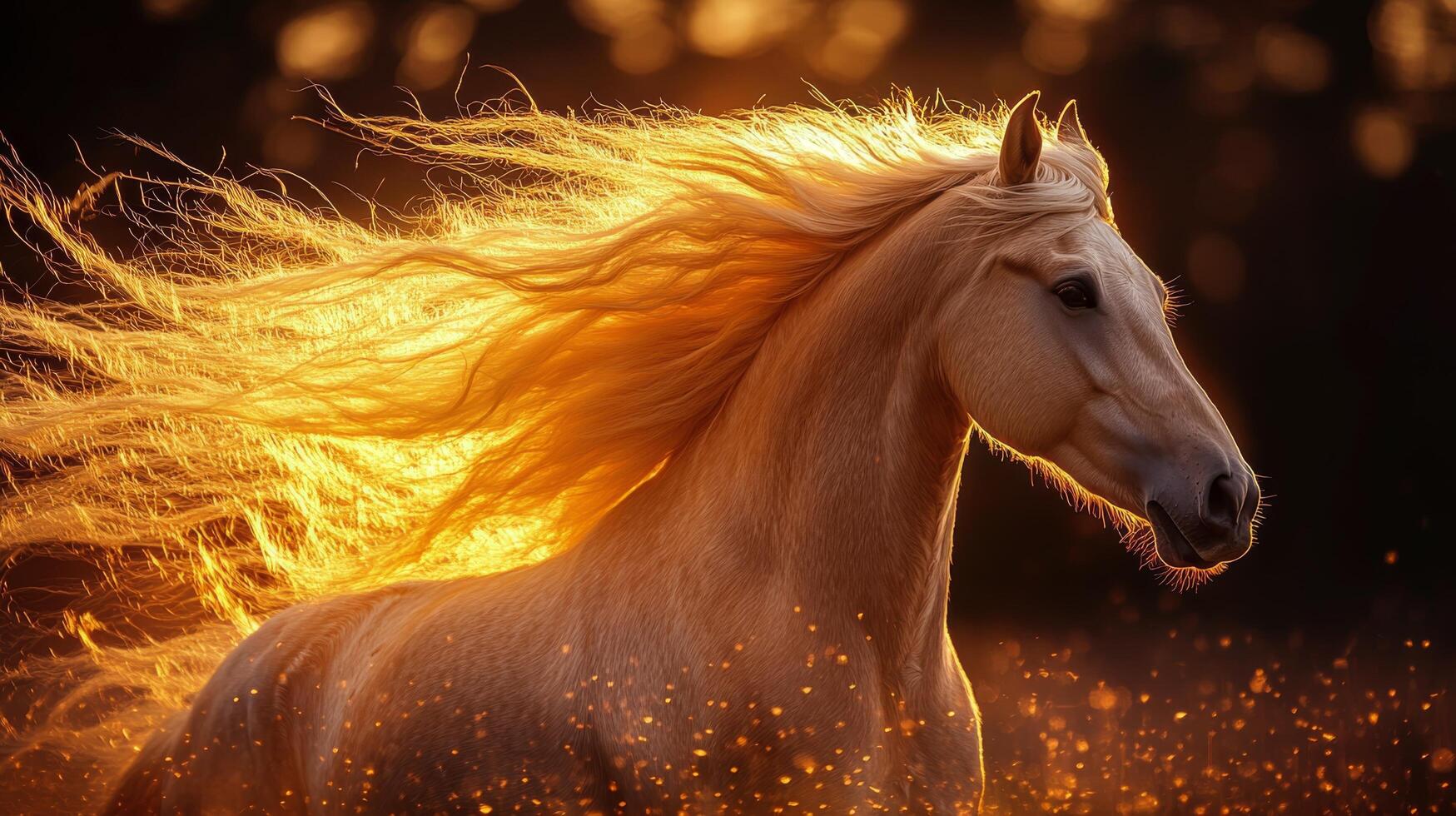 Majestic white horse gallops in the golden light at sunset photo