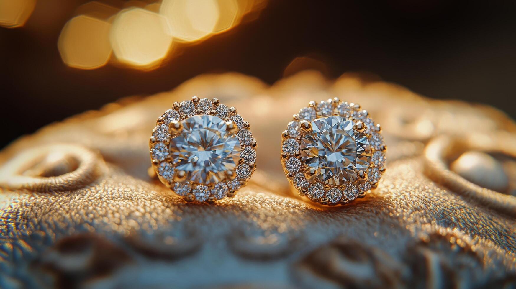 Elegant gold and diamond earrings displayed on a textured surface under soft golden light photo