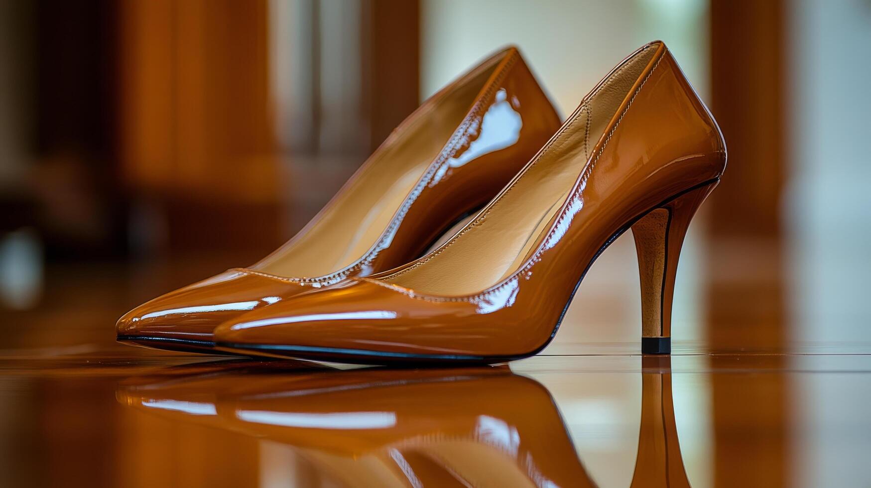 Elegant brown high heels placed on a polished wooden floor reflecting light beautifully photo
