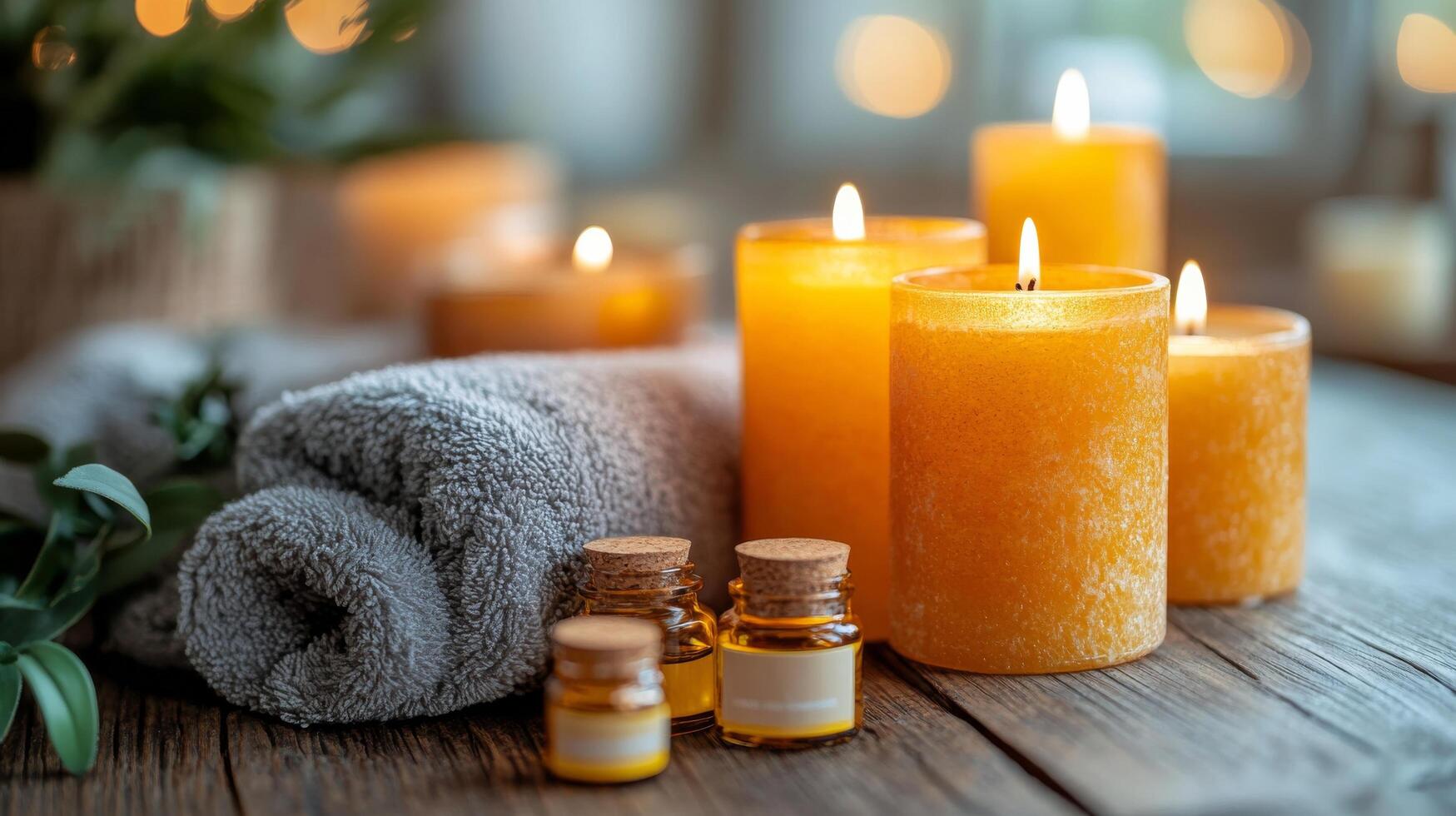Relaxing spa setting with candles, essential oil, and towels on a wooden surface at evening time photo