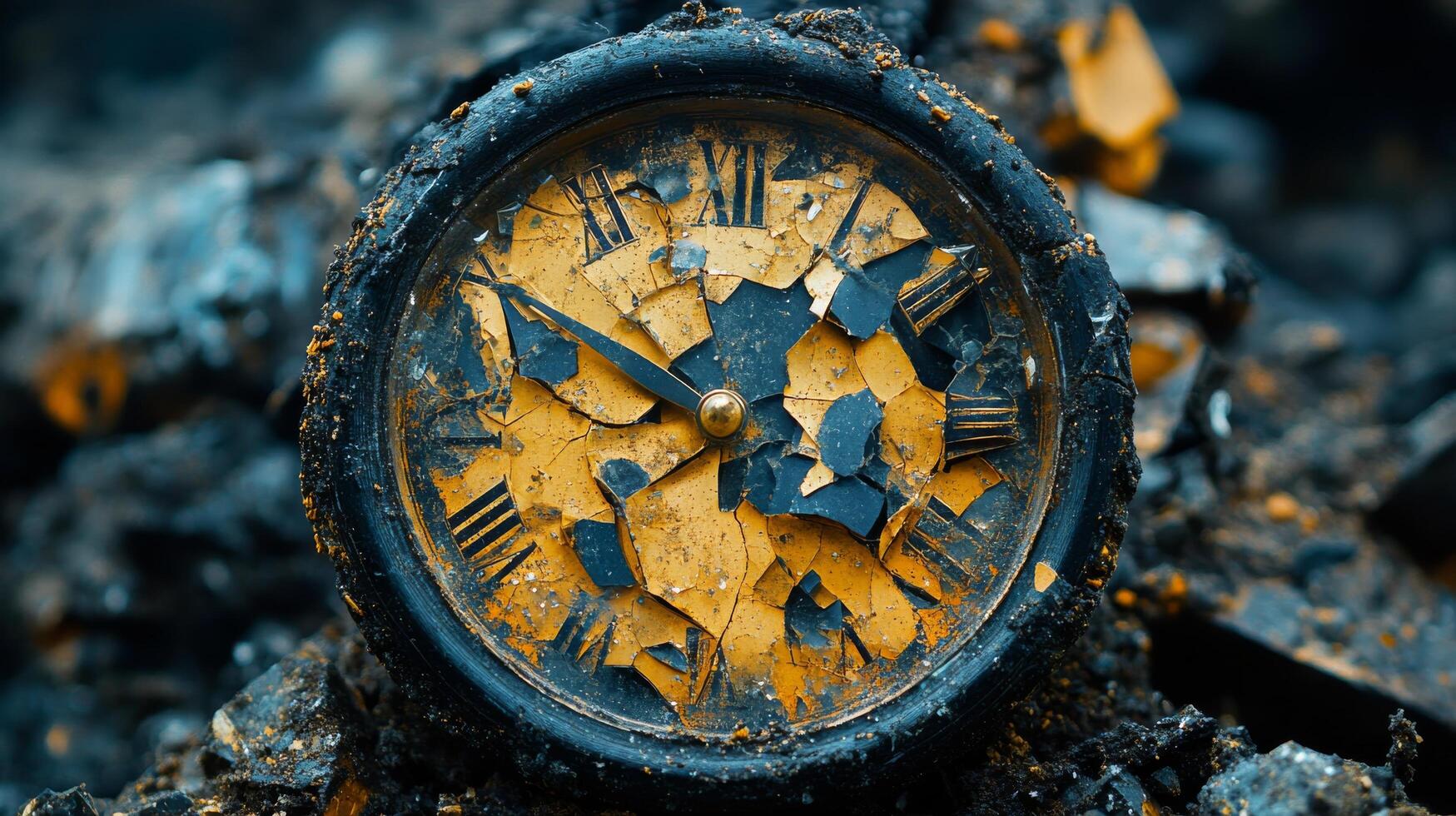 Forgotten alarm clock covered in dust and debris showing the passage of time in a derelict space photo